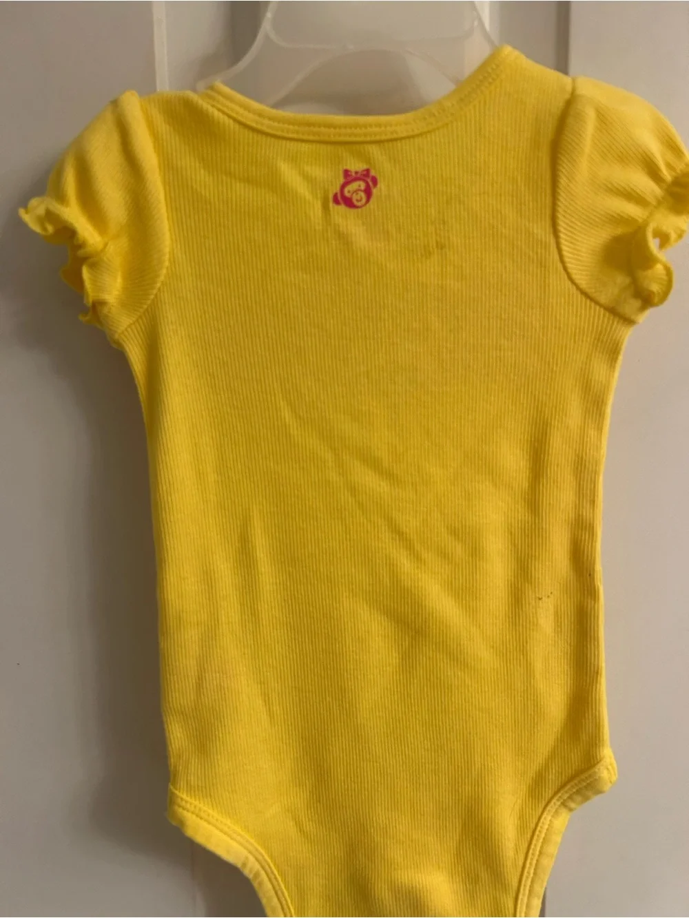NWT-okie dokie Yellow Bodysuit with Pink 'cute' Appliqué